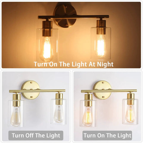 Dope Gold Vanity Light Fixture With Glass Shade Brushed Brass Wall Sconces, shown lit and unlit on white and warm backgrounds.