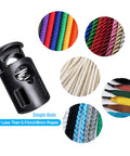Durable POM Plastic Cord Locks Set With Single Hole Spring Toggles for shoelaces, black toggle with colorful cords, 8mm