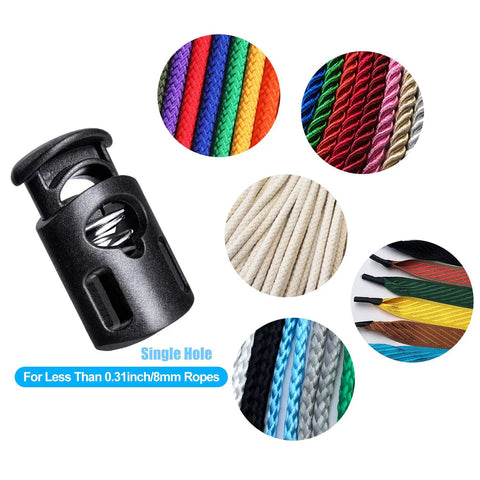 Durable POM Plastic Cord Locks Set With Single Hole Spring Toggles for shoelaces, black toggle with colorful cords, 8mm