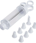Cupcake Injector And Decorating Icing Kit, Nine Piece Stainless Steel Set With Multicolor Tips, syringe and frosting nozzles displayed
