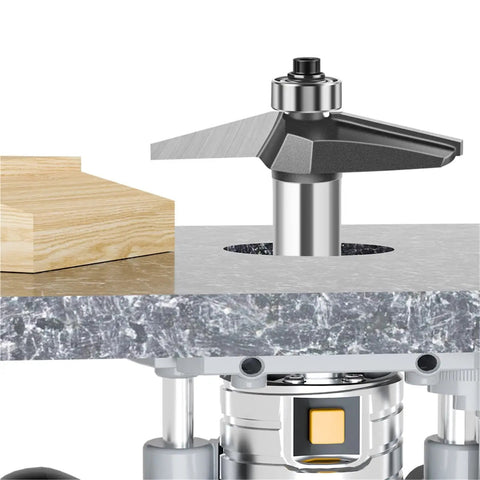 Heavy Duty Pro Grade 15 Degree Chamfer Router Bit For Woodworking Built Like A Tank mounted on a router table with wooden workpiece.