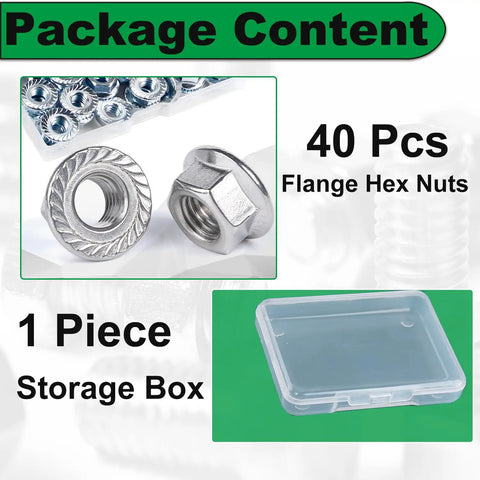 Tough As Nails M6 Serrated Flange Nuts 40 Pack 304 Stainless Steel Hex Nuts With Grip Teeth Smooth Ride For Car Mods And Gearheads Built Like A Tank Heavy Duty Metric Hardware For Trucks And Vans in a storage box.