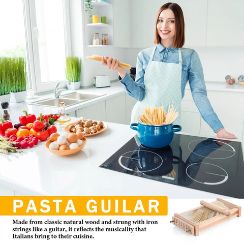 Chitarra Cutter Pasta Maker With Rolling Pin Guitar Board For Spaghetti And Lasagna on kitchen counter with ingredients.