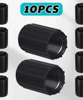10 Pack 1/2 Inch PVC Double Female Threaded Couplings For Sprinkler Extension Riser Garden Drip Irrigation System Fittings NPT Coupler For Irrigation Tubing And Yard Sprinklers in black with detailed threading, displayed in a set of ten.