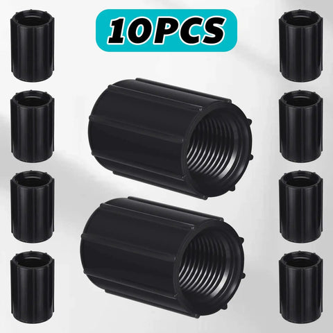 10 Pack 1/2 Inch PVC Double Female Threaded Couplings For Sprinkler Extension Riser Garden Drip Irrigation System Fittings NPT Coupler For Irrigation Tubing And Yard Sprinklers in black with detailed threading, displayed in a set of ten.