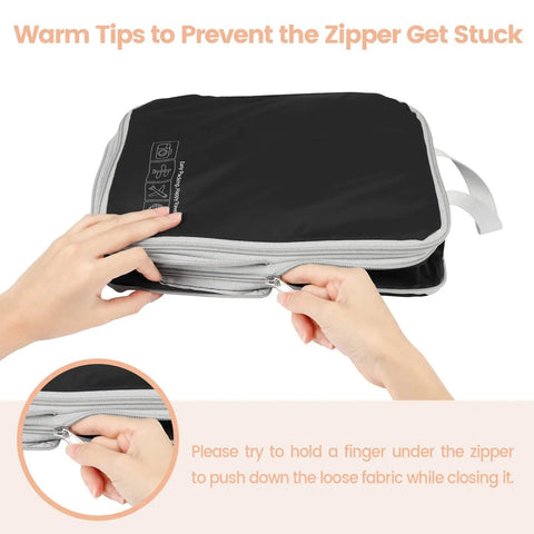 Hands holding Four Pack Compression Packing Cubes For Travel Lightweight Expandable Luggage Organizers Space Saver For Carry On Suitcases