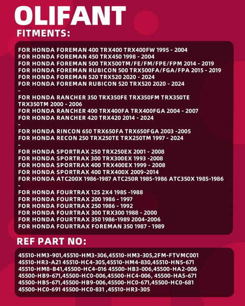 Compatibility chart for Olifant hydraulic brake master cylinder lever for Honda ATV models including FourTrax and Sportrax.