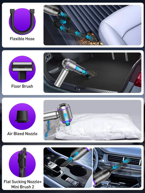 Boss Level 80,000 RPM Vacuum And Air Duster 4 In 1 Handheld Cordless Cleaner demonstrating flexible hose and nozzle attachments