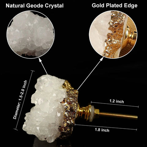 Four Pack Beefy Natural Quartz Geode Cabinet Knobs Combined With Slick Druzy Crystal Drawer Handles Featuring Clean Gold Plated Edges and Heavy Duty Stone Pulls For Kitchen Vanity Refresh, 1.5-2.0 inch size.
