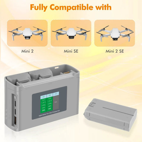 Two Pack 2400mAh Intelligent Flight Batteries with Two Way Charging Hub for DJI Mini 2 SE and Mini 2 LCD Color Display Quick Battery Status Check.