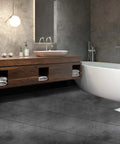 Bathroom with Peel And Stick Vinyl Floor Tiles 12x12 Inches Self Adhesive One Point Five Millimeter Thick Black Flooring