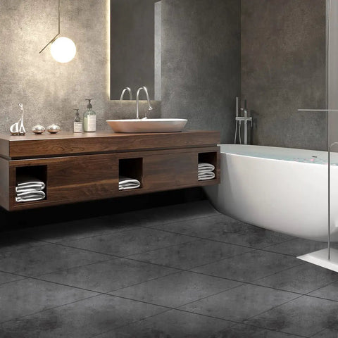Bathroom with Peel And Stick Vinyl Floor Tiles 12x12 Inches Self Adhesive One Point Five Millimeter Thick Black Flooring