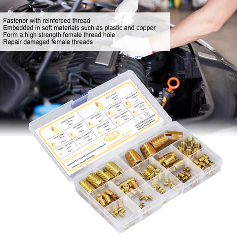 Beefy 102 Piece Self Tapping Thread Inserts Kit For M2 To M14 In Hardened High Carbon Steel, Repair Damaged Female Threads In Plastic, Copper, And Metal For Automotive And Industrial Use. kit in storage box beside engine
