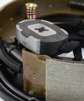 Close-up of Heavy Duty 10 Inch Right Side Electric Trailer Brake Assembly Solid Steel Drum components and wiring.