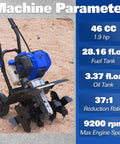 46Cc Four Cycle Gas Powered Rototiller Cultivator with 16 Inch Heavy Duty Steel Tines shown with machine parameters display