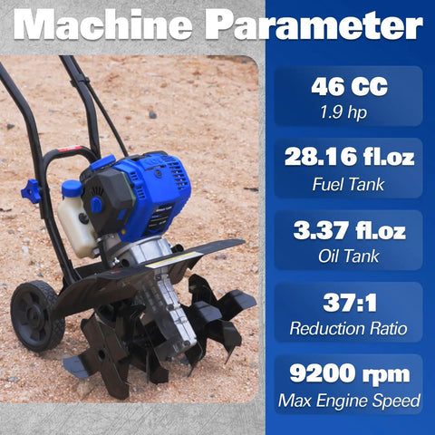 46Cc Four Cycle Gas Powered Rototiller Cultivator with 16 Inch Heavy Duty Steel Tines shown with machine parameters display