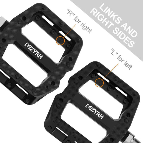 Top view of Rugged Nylon Fiber Mountain Bike Pedals With Nine Sixteen Inch Spindle, marked R and L for right and left sides.