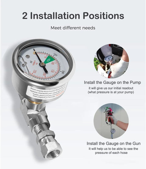 Airless Spray Pressure Gauge Kit 0 To 4000 PSI with Pro Grade Stainless Steel Liquid Filled Gauge and T Fitting, installation options
