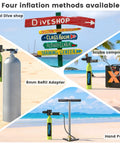 Zero Point Five L Mini Scuba Tank DOT Certified showing four inflation methods: local dive shop, scuba compressor, 8mm adapter, hand pump.