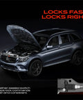 Front Driver Side Hood And Trunk Lock Actuator No Fuss Bolt Up Swap Compatible With Tesla Model 3 Electric Sedan Smooth Latch Makes Install A Breeze shown on a model SUV with open hood.