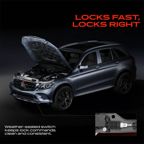 Front Driver Side Hood And Trunk Lock Actuator No Fuss Bolt Up Swap Compatible With Tesla Model 3 Electric Sedan Smooth Latch Makes Install A Breeze shown on a model SUV with open hood.