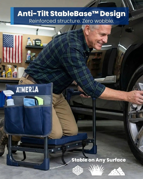 Man using Foldable Garden Kneeler Seat with Upgraded No Slip Base And Removable Cushion, 350 Lbs Capacity to clean car tire in garage
