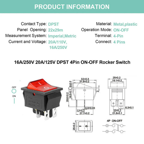Two Pack DPST Four Pin Two Position On Off Boat Rocker Toggle Switches With Durable Nylon PA66 Housing Anti Corrosion And Anti Acid Easy Buckle Mounting For Marine Electrical Systems, red switch diagram