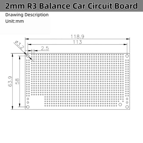 Diagram of 2mm R3 Balance Car Circuit Board, showing dimensions 118.9x63.9 mm for RC Self Balancing 2WD Two Wheel Drive Acrylic DIY Kits.