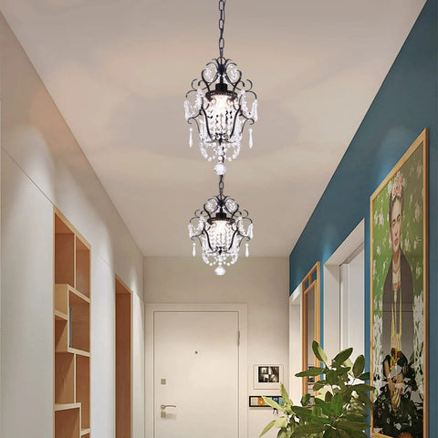 Crystal Mini Black Chandelier With Adjustable 41.3 Inch Chain in hallway, featuring K9 crystal, antique style, elegant lighting.