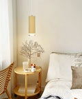 LED Pendant Light Fixtures Gold Cylindrical Pendant Lights For Kitchen Island Modern Living Areas Entryway Dining Room Bathroom And Bedroom 3 Pack Aluminum Alloy Body With Acrylic Shade hanging in bedroom.