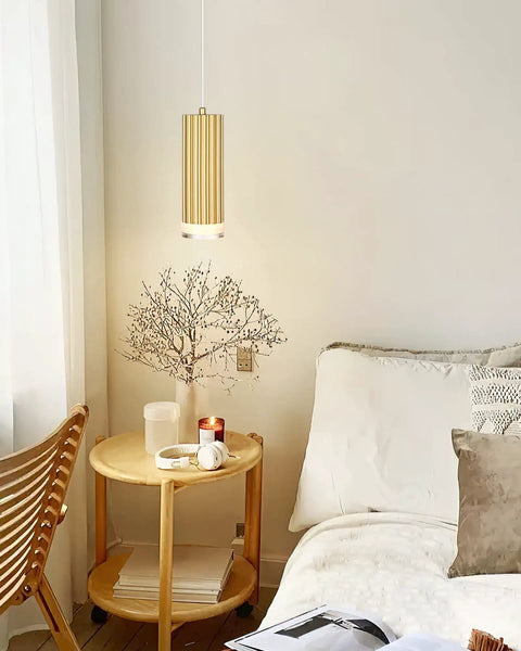 LED Pendant Light Fixtures Gold Cylindrical Pendant Lights For Kitchen Island Modern Living Areas Entryway Dining Room Bathroom And Bedroom 3 Pack Aluminum Alloy Body With Acrylic Shade hanging in bedroom.
