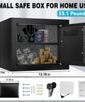 1.6 Cuft Home Safe Box with Fireproof Waterproof Bag, open showing shelves with documents, jewelry, and currency, anti-theft measures.