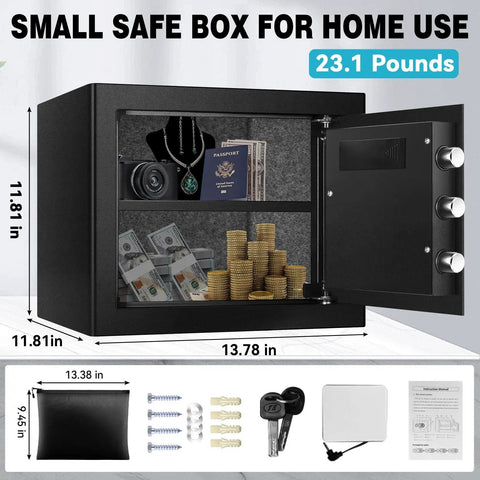 1.6 Cuft Home Safe Box with Fireproof Waterproof Bag, open showing shelves with documents, jewelry, and currency, anti-theft measures.
