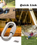 Collage showing 304 stainless steel quick links in camping and swing setups, highlighting Twenty Pcs One Eighth Inch Quick Links 304 Stainless Steel Oval Threaded D Shape Repair Chain With A 174 Lbs Capacity For Large Dog Collars And Camping Gear Suitable For Outdoor Adventures Hiking And Travel On Camping Trips Corrosion Resistant Quick Link.