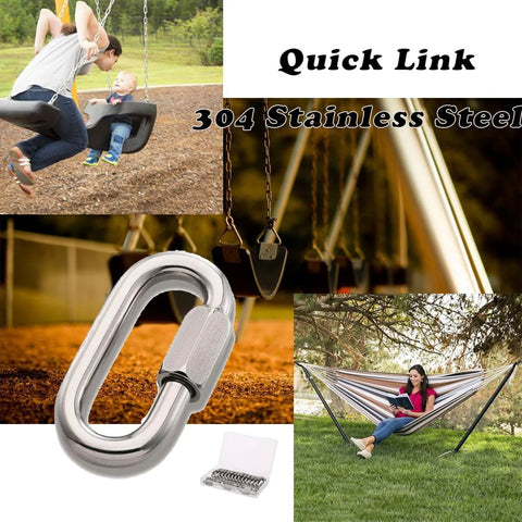 Collage showing 304 stainless steel quick links in camping and swing setups, highlighting Twenty Pcs One Eighth Inch Quick Links 304 Stainless Steel Oval Threaded D Shape Repair Chain With A 174 Lbs Capacity For Large Dog Collars And Camping Gear Suitable For Outdoor Adventures Hiking And Travel On Camping Trips Corrosion Resistant Quick Link.