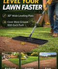 Heavy Duty Lawn Leveling Rake With 72 Inch Stainless Steel Handle in use on a lawn with leveling plate details
