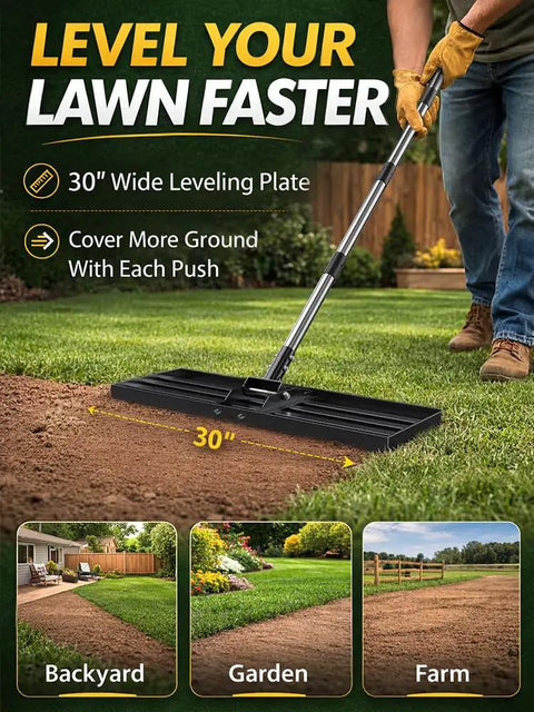 Heavy Duty Lawn Leveling Rake With 72 Inch Stainless Steel Handle in use on a lawn with leveling plate details