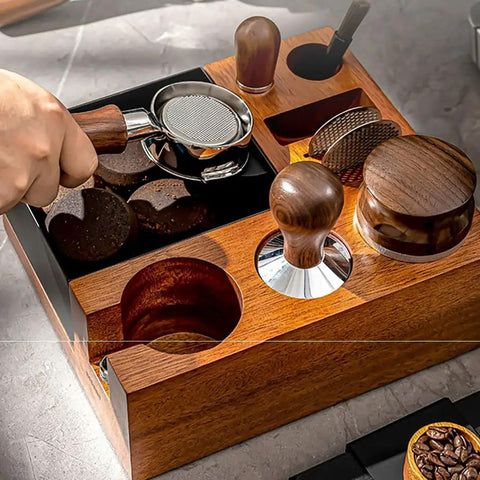 Tough 58Mm Espresso Knock Box And Dual Tamp Station Premium Stainless Steel Barista Workstation Adjustable Base with coffee tamper and accessories.