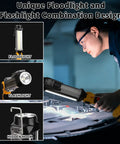 Person using Lit 2000LM LED Work Light For Dewalt 20V Max Batteries under car hood, showing floodlight and flashlight features.