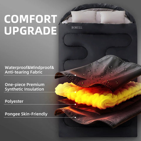 Oversized Double Sleeping Bag For Two Adults Queen Size With Two Pillows Built For Camping showing layers of insulation.