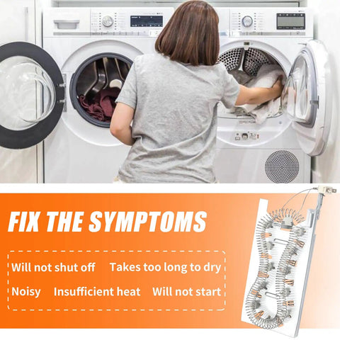 Woman loading laundry, image of Dryer Heating Element Replacement 3387747 for Popular Laundry Machines Including Whirlpool, Kenmore