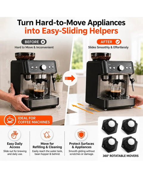 Mini Plate Caster Wheels 4 Pack Self Adhesive Nylon Rollers For Household Appliances shown with coffee maker easily sliding for convenience.
