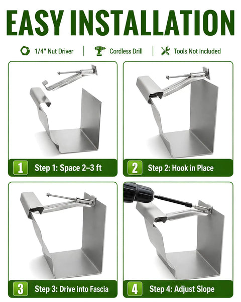 Four-step installation guide for Five Inch Gutter Hangers Kit, 25 Pack Heavy Duty Hidden Brackets With Pre Inserted Screws.