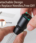 Close-up of Magnetic WDT Tool for Espresso Machines with detachable aluminum alloy build and blunt polished needles.