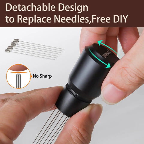 Close-up of Magnetic WDT Tool for Espresso Machines with detachable aluminum alloy build and blunt polished needles.