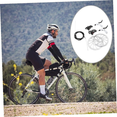 Heavy Duty Mountain Bike Hydraulic Disc Brake Set With Slick Pad Compatibility, cyclist on trail with bike and brake components.