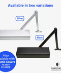 Two Ultra Heavy Duty Hydraulic Door Closers For High Traffic Areas in silver and black, with optional plastic covers.