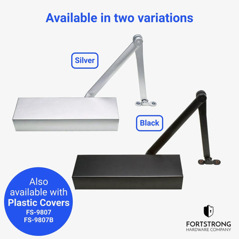 Two Ultra Heavy Duty Hydraulic Door Closers For High Traffic Areas in silver and black, with optional plastic covers.