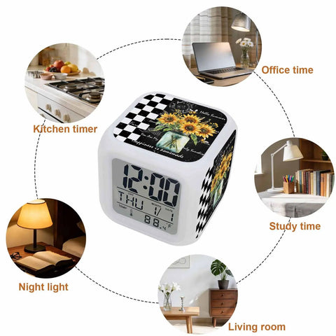 Snazzy Silent Digital Alarm Clock With Sweet Snooze And Cool Nightlight Compact Vintage Grid Cube Design on a nightstand.