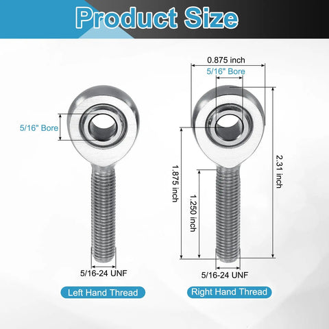 XM6 XML6 Joint Rod End Kit 3/8 Inch Bore With 3/8-24 UNF Left And Right Hand Threads Chrome Rod End Bearings For Steering And Traction Bars Includes 4 Pcs And Jam Nuts For Easy Install, size chart